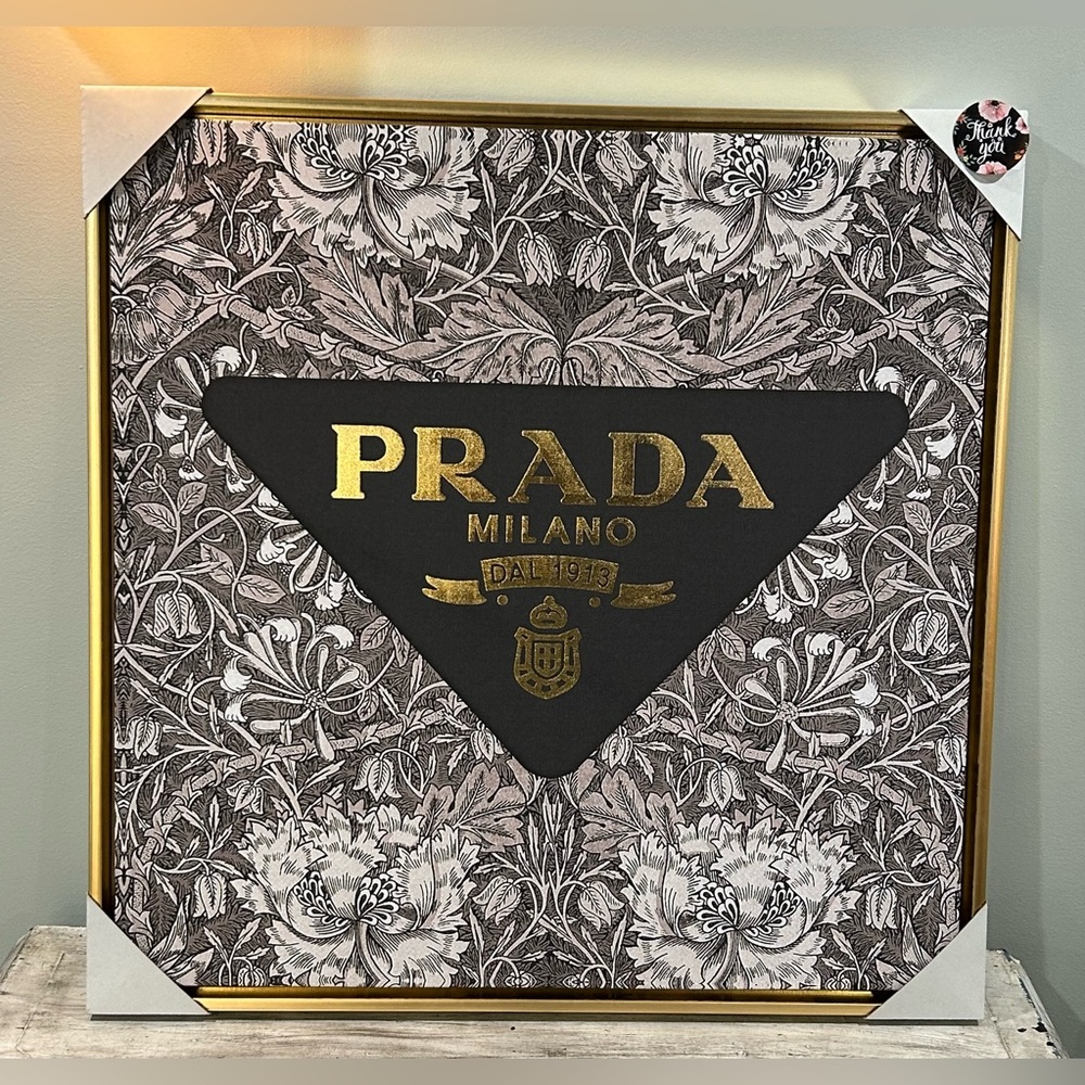 Prada Black and Gold Floral Logo Wall Art